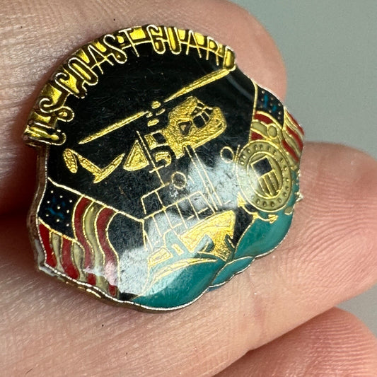 Vintage US Coast Guard Pin – Enamel Badge with Flags Helicopter Boat