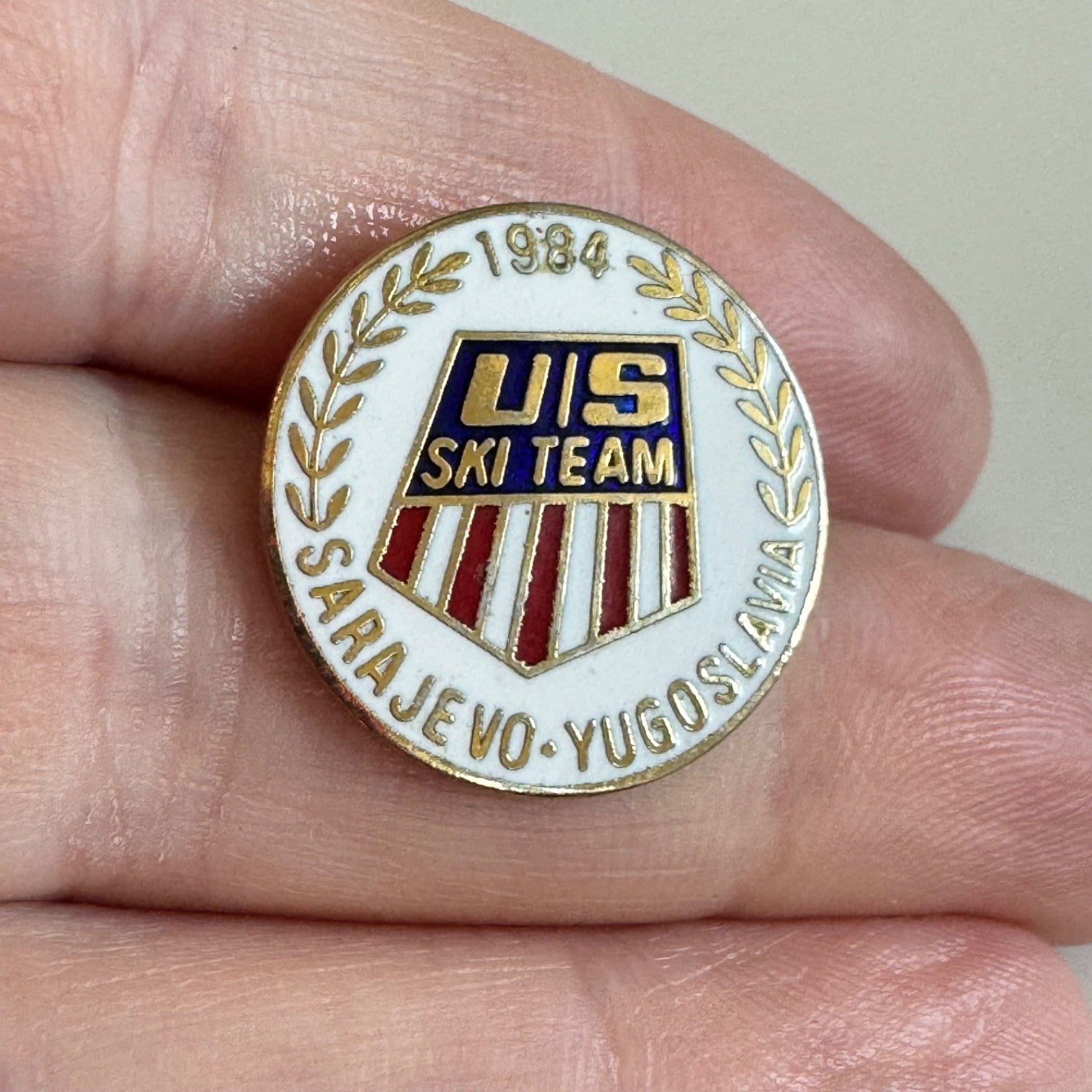 Vintage 1984 US Ski Team Sarajevo Yugoslavia Olympic Enamel Lapel Pin Badge