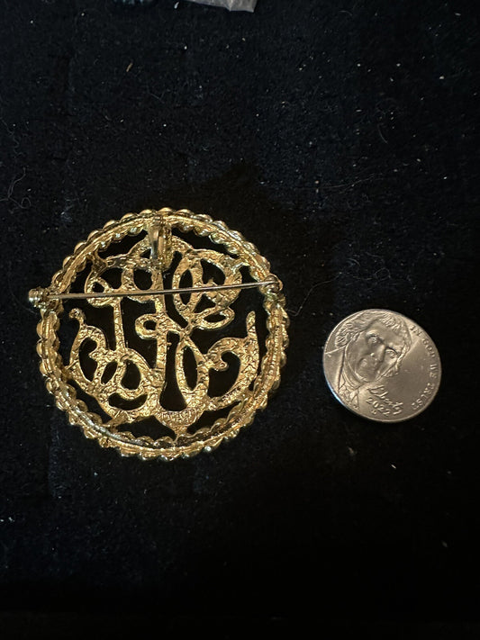 1991 MIMI DI N Signed Monogram Circle Brooch Pin Pendant Gold-tone