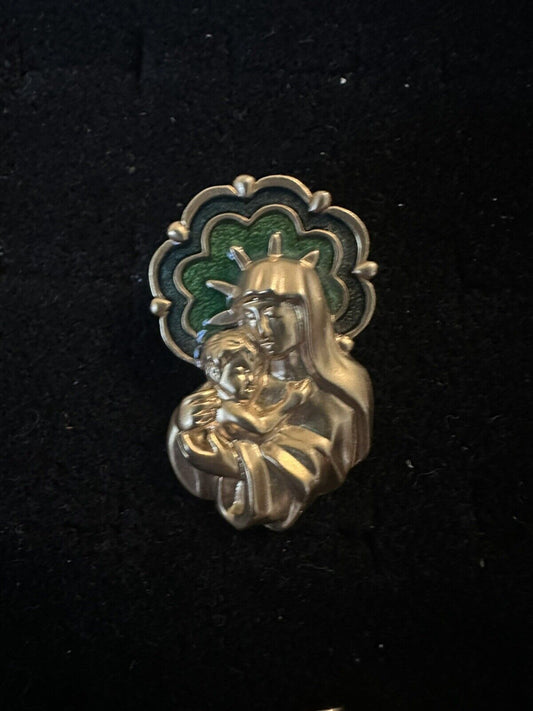 Vintage Lapel Pin Religious Avon Mother Mary Baby Jesus Signed Gold Tone Enamel