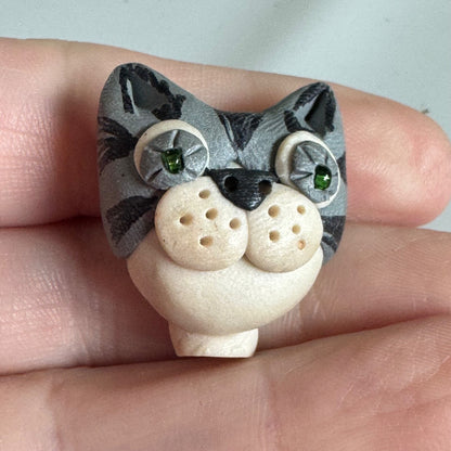 Whimsical Handmade Cat Brooch – Clay with Green Eyes