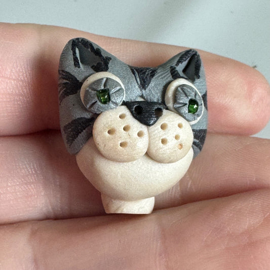 Whimsical Handmade Cat Brooch – Clay with Green Eyes