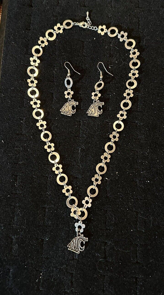 Vintage Washington State Cougars 19” Necklace and Earrings Silver Tone Flowers