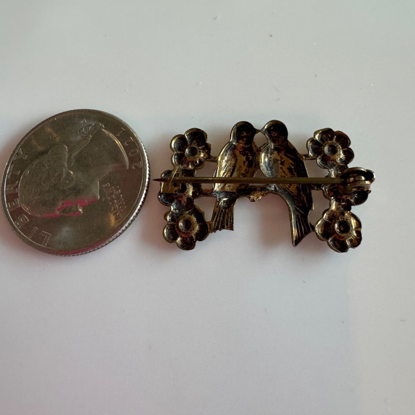 Antique Brass Toned Lovebirds Forget-Me-Nots Brooch Pin