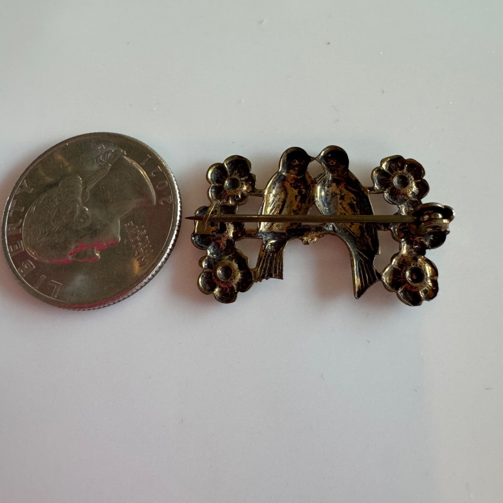 Antique Brass Toned Lovebirds Forget-Me-Nots Brooch Pin