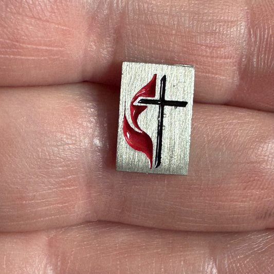 United Methodist Church Emblem Lapel Pin Tie Tack – Silver and Red Rectangle