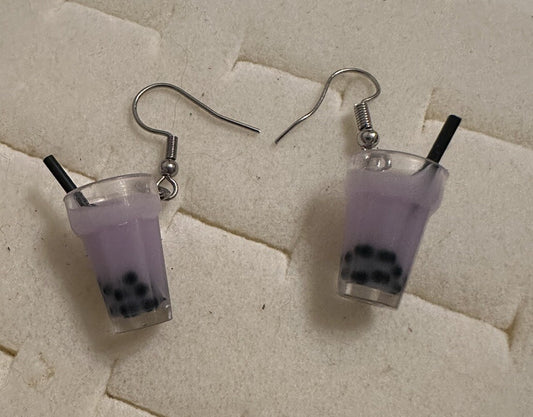 US SELLER Boba Milk Tea Lover Purple Dangle Drop Earrings Milktea Tapioca Gift