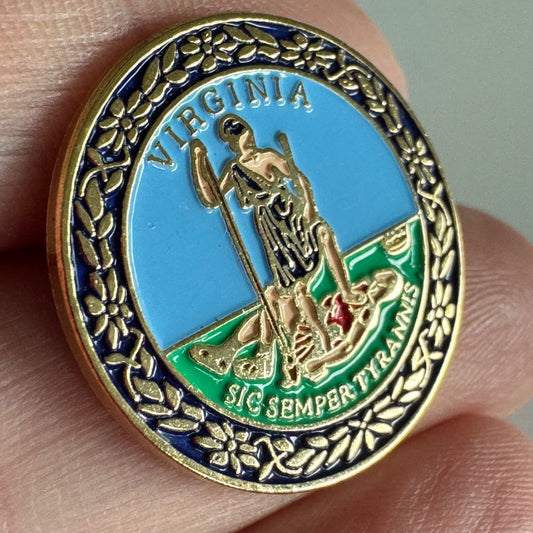 Vintage Virginia State Seal Pin – "Sic Semper Tyrannis" Motto Design