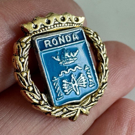 Vtg Ronda Spain Coat of Arms Blue Crest Gold Wreath Souvenir Enamel Lapel Pin