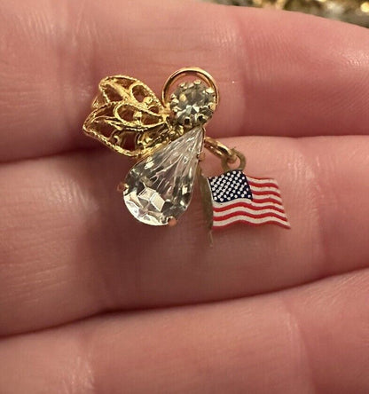 Vtg Gold Tone Crystal Guardian Angel Halo American Flag Dangle Pin Brooch