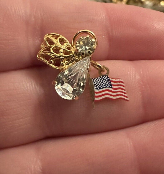 Vtg Gold Tone Crystal Guardian Angel Halo American Flag Dangle Pin Brooch