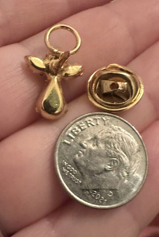 Angel with Green Gemstones Gold Tone Vintage Lapel Pin