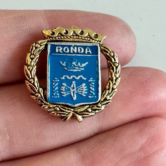Vtg Ronda Spain Coat of Arms Blue Crest Gold Wreath Souvenir Enamel Lapel Pin