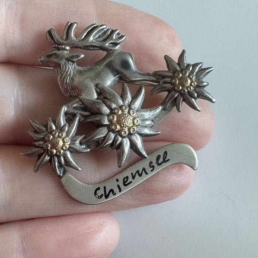 Vintage Chiemsee Germany Deer & Edelweiss Pin – Alpine Pewter Look Stag