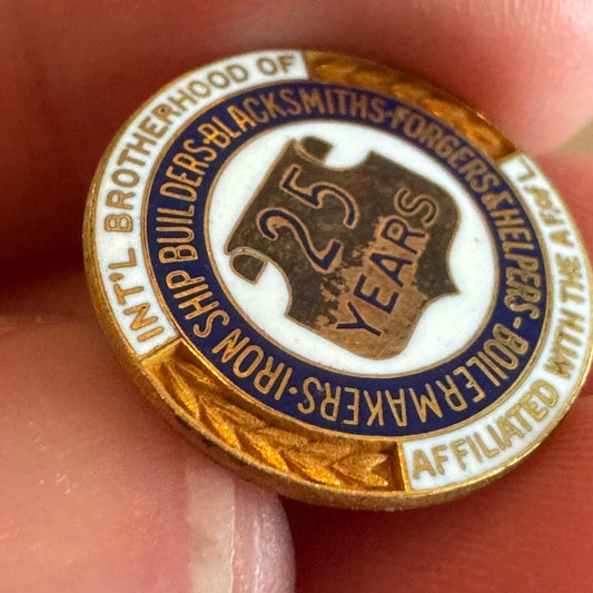 BOILERMAKERS UNION 25 YEAR MEMBERSHIP LAPEL PIN SCREW-BACK 1/10 10K GOLD VINTAGE