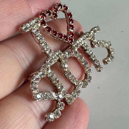 1980's I Love Slots Clear Rhinestone Red Heart Silver Plated Pin Brooch