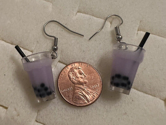 US SELLER Boba Milk Tea Lover Purple Dangle Drop Earrings Milktea Tapioca Gift