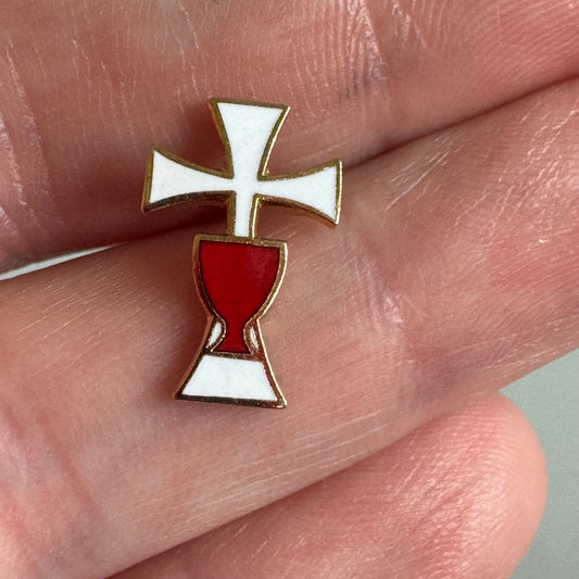 Vtg First Holy Communion Chalice and Cross Pin – White & Red Enamel Faith Emblem