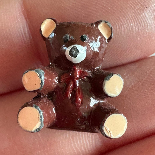 Vintage Brown Enamel Teddy Bear Pin Brooch – Cute Vintage Toy with Red Bow