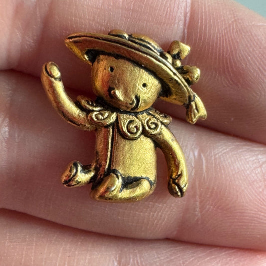 Vintage Whimsical Teddy Bear in Hat Brooch – Gold Tone Storybook Style Pin
