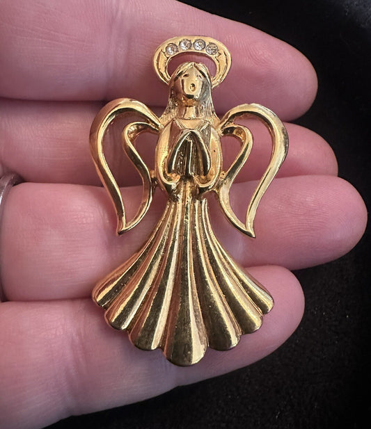 Angel w/ Rhinestone Halo Vintage Avon Gold Tone Heavenly Angel Lapel Pin