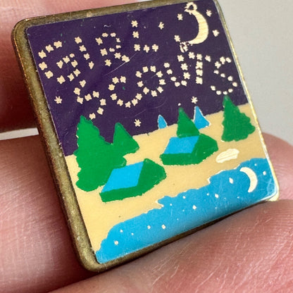 Vintage Girl Scouts Night Camp Pin – Tents, Stars & Lake Scenic Enamel