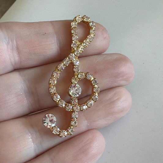 Vintage Rhinestone Treble Clef Brooch Pin Gold Tone