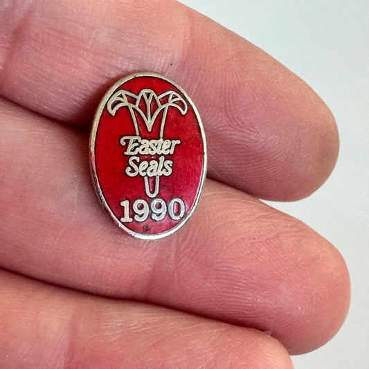 Vintage 1990 Easter Seals Charity Fundraiser Red Oval Enamel Lapel Pin Badge
