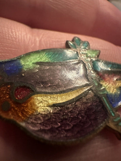 Antique Guilloche Love Birds on a Branch Brooch Cloisonné Enamel Pin Parrots