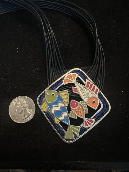 Chico’s Leather Enamel Beaded Multicolored Fish Necklace Adjustable Chicos