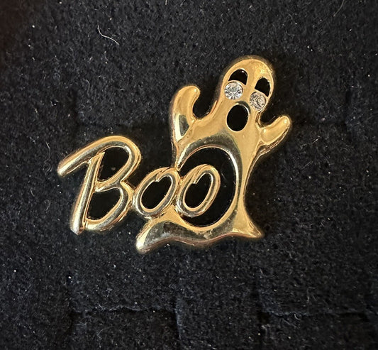 Vtg. 1990 Avon Gleeful Ghost "BOO" Hat Tac Pin Goldtone Halloween Brooch Spooky