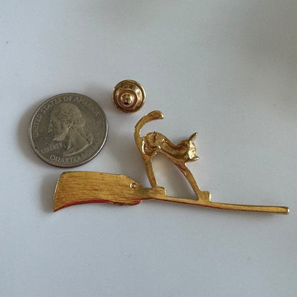 Vintage Avon Halloween Bewitching Cat on Broom Flying Gold Tone Lapel Pin
