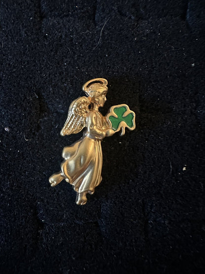 St. Patrick's Day IRISH Shamrock Clover Gold Tone ANGEL AVON Brooch Pin