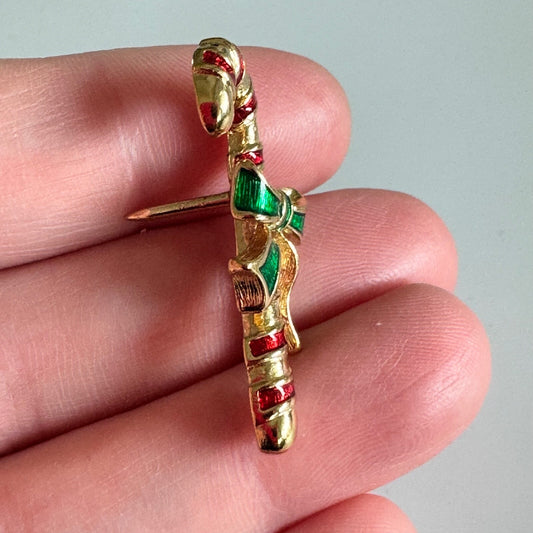 Vintage Candy Cane Red Christmas Bow Tie Tack Brooch Pin