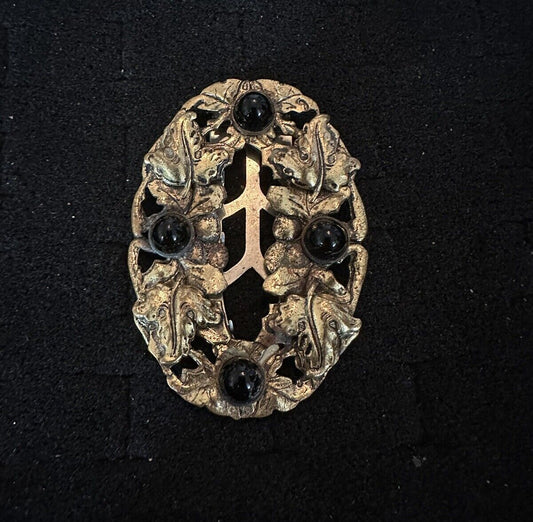 Antique Art Nouveau Ivy Leaf Brass Fur Clip Dress Clip Brooch Black Glass