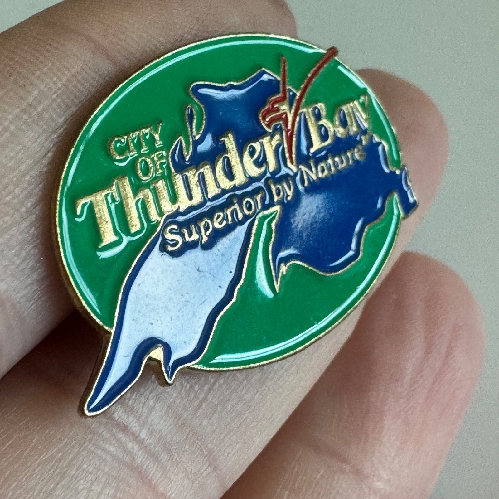 Vtg Thunder Bay Ontario Canada Map Lapel Pin Superior by Nature Green