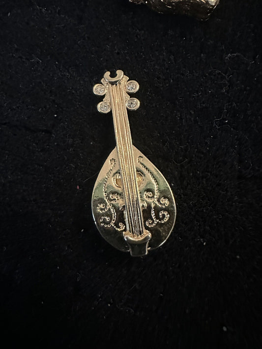 Unsigned Vintage Avon Mandolin Musician Tack Pin Gold Tone & Rhinestones