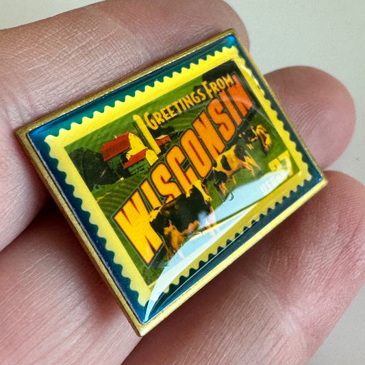 Vintage Wisconsin Stamp Lapel Pin – Greetings From 37¢ Cow Farm Scene