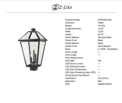 Z-Lite 579PHXLS Black Talbot 3-Light 23"H Outdoor Single Head Post Light