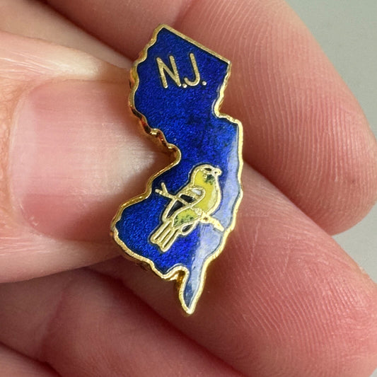 Vintage New Jersey State Shape Pin with Bird Blue and Gold Enamel Souvenir Nice!