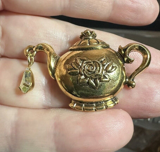 Gold Tone Tea Time Floral Design Collectible Teapot Pin With Dangle Charm Avon 