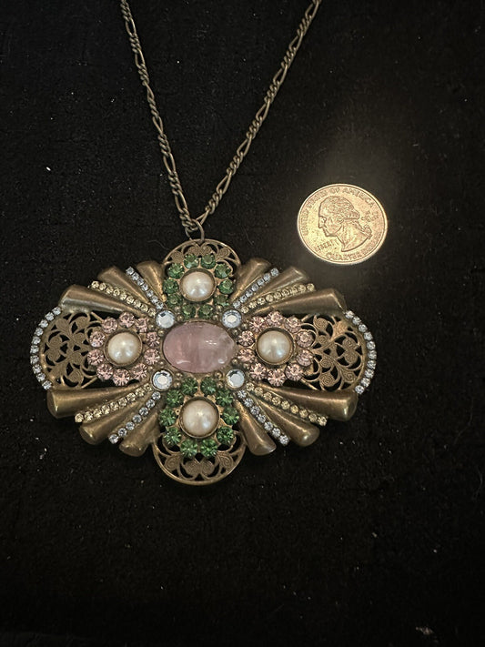 VINTAGE SORRELLI RHINESTONE ART DECO STATEMENT BROOCH CONVERTIBLE TO NECKLACE
