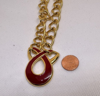 VTG. NAPIER STATEMENT GOLD TONE RED ENAMEL DROP LINK NECKLACE 25”