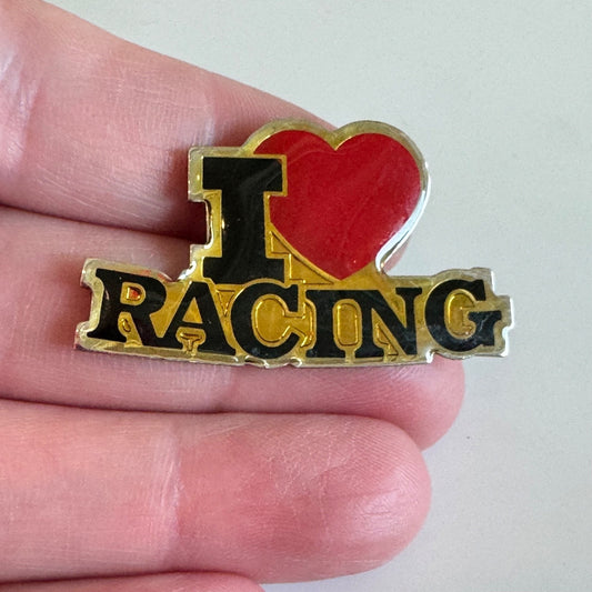 Vintage I Love Racing Pin – Red Heart and Black Text Enamel Lapel Badge