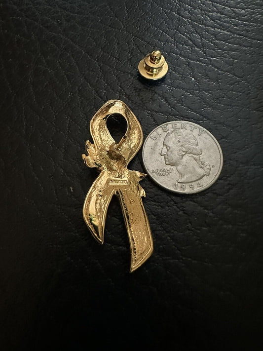 Vintage Avon Breast Cancer Large Pink Ribbon Brooch Pin Gold Tone