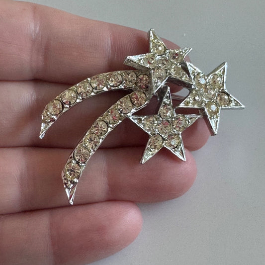 Vintage Silver Tone Shooting Star Brooch Crystal Rhinestone Pin