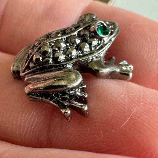 Vintage Frog Lapel Pin Tie Tack Sim. Marcasite Green Eyes 7/8" Silver Tone