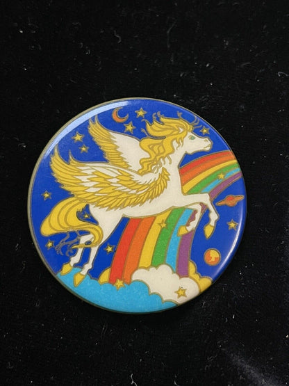1981 Illuminations White Flying Pegasus Horse Rainbow Vintage Pin Pinback Button