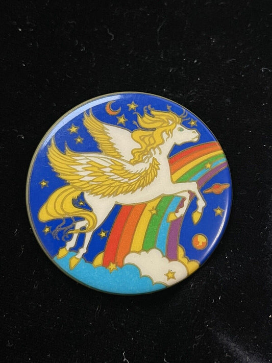 1981 Illuminations White Flying Pegasus Horse Rainbow Vintage Pin Pinback Button