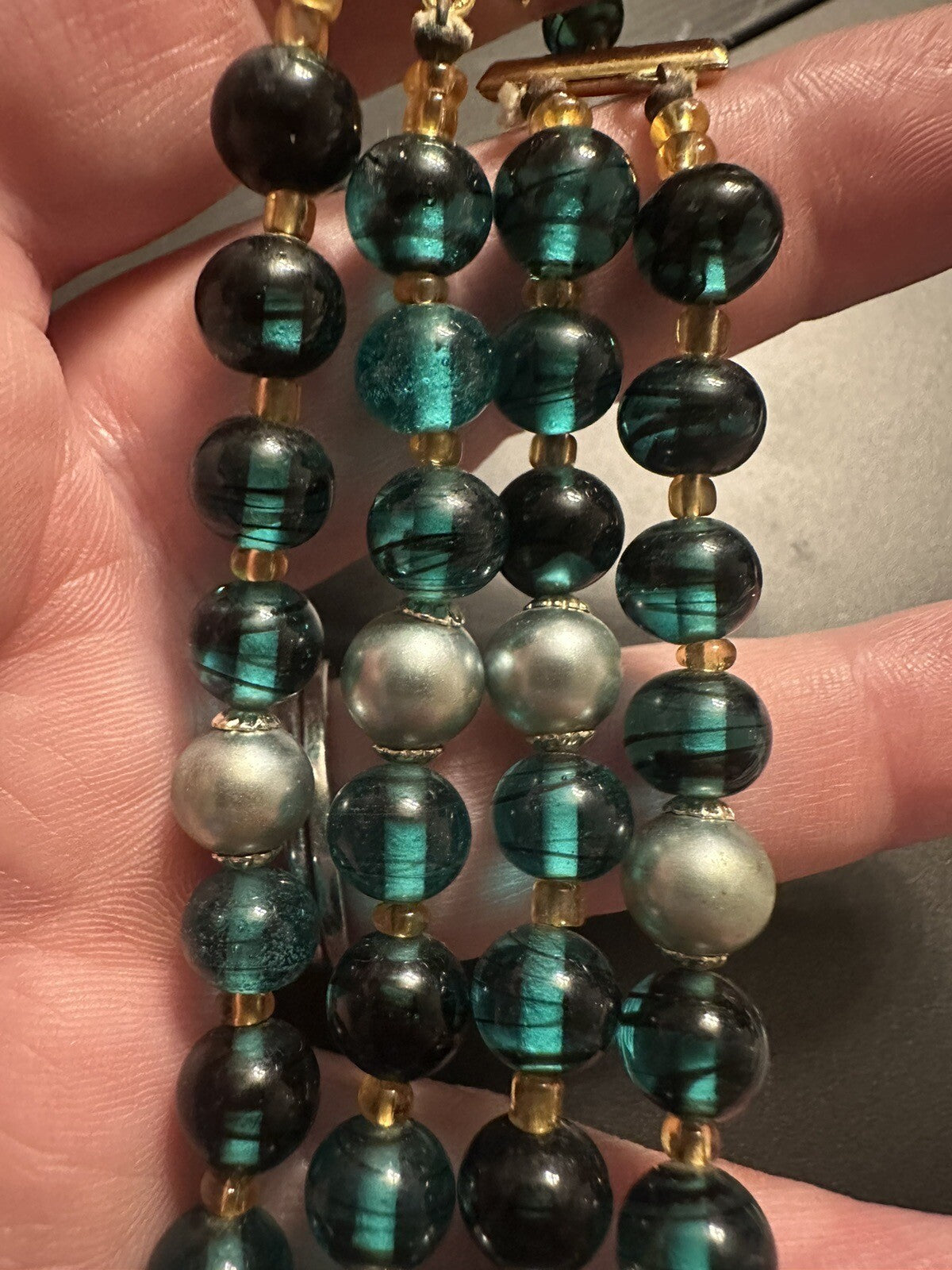 Signed Crown TRIFARI Vintage Green & Gold Multistrand Two 2 Strand Bead Necklace